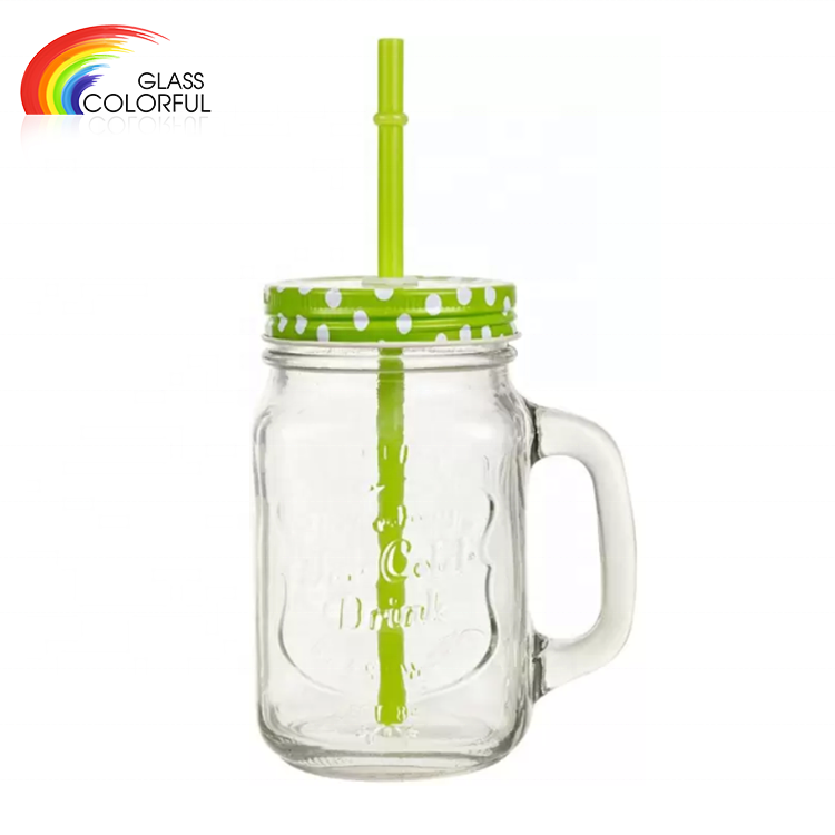 16 Oz 450ml Glass Mason Jar With Handle Lid And Straw