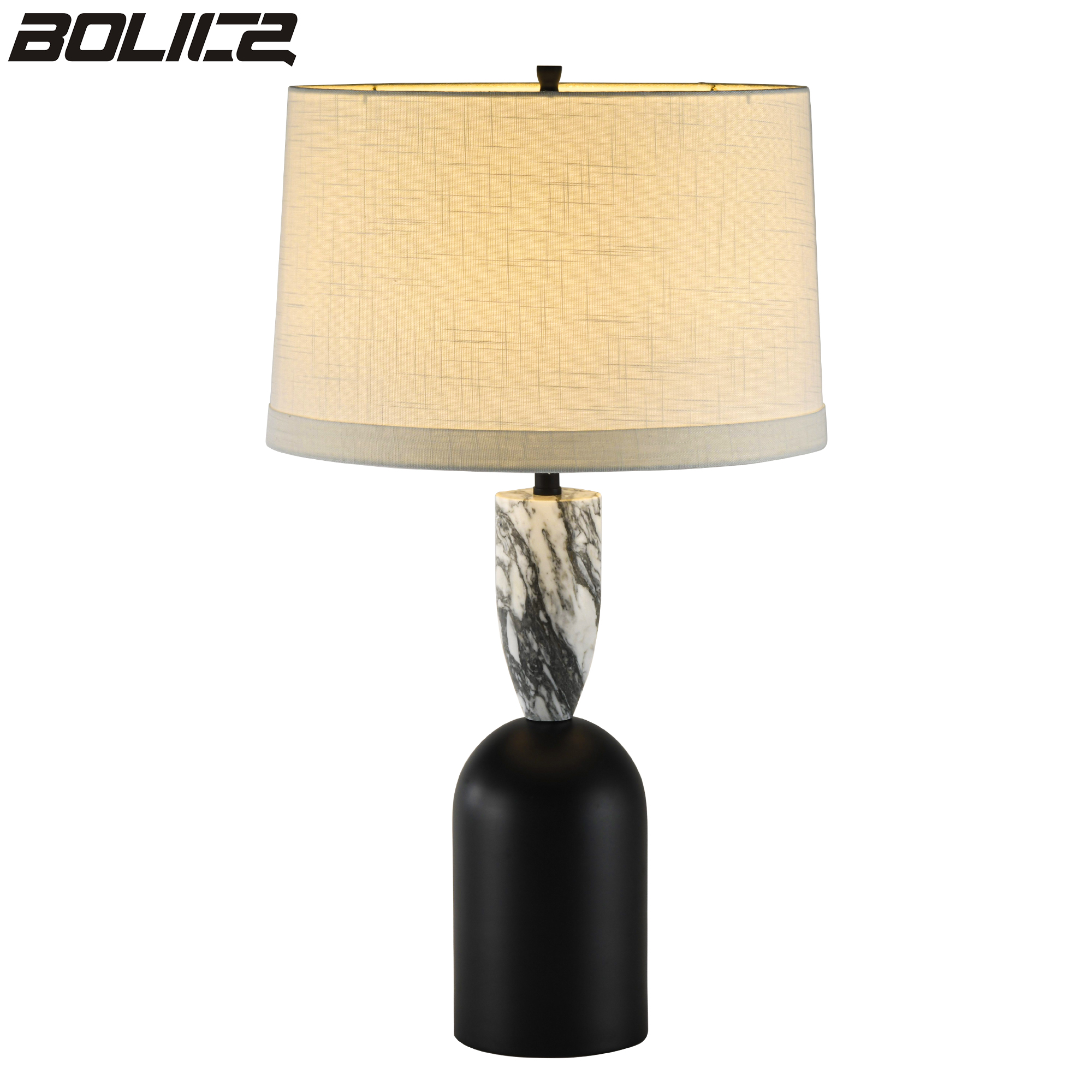 Ένα μοντέρνο μπλε μαρμάρινο φωτιστικό κομοδίνου με μπεζ λινό καπέλο, κατάλληλο για υπνοδωμάτια, σαλόνια και γραφείο.