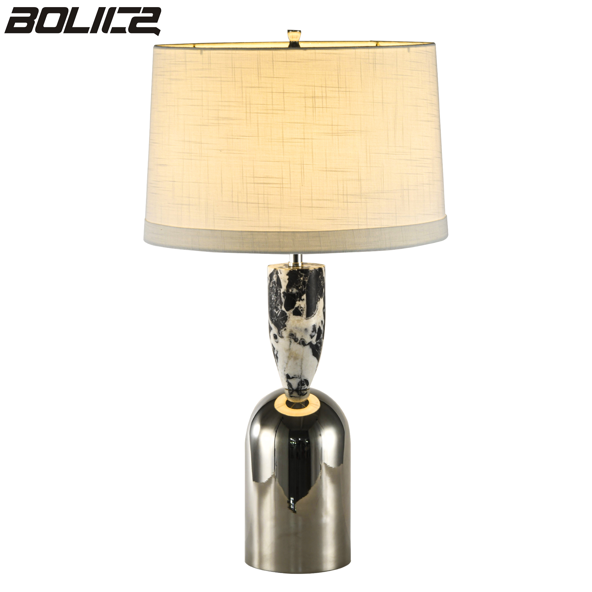 Ένα μοντέρνο μπλε μαρμάρινο φωτιστικό κομοδίνου με μπεζ λινό καπέλο, κατάλληλο για υπνοδωμάτια, σαλόνια και γραφείο.