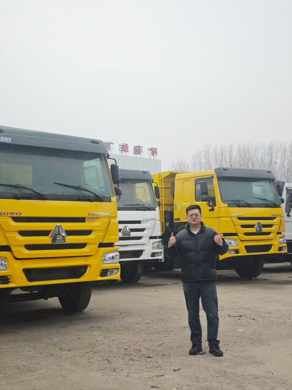 Autocarri con cassone ribaltabile standard 6x4 gialli e bianchi, ordinati su misura, ispezionati e pronti per la spedizione al porto di Qingdao.