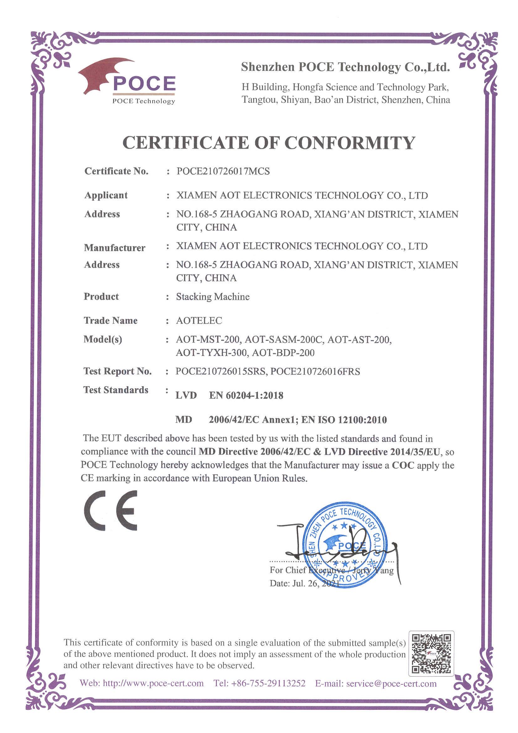 Certificate CE pentru mașina de stivuire