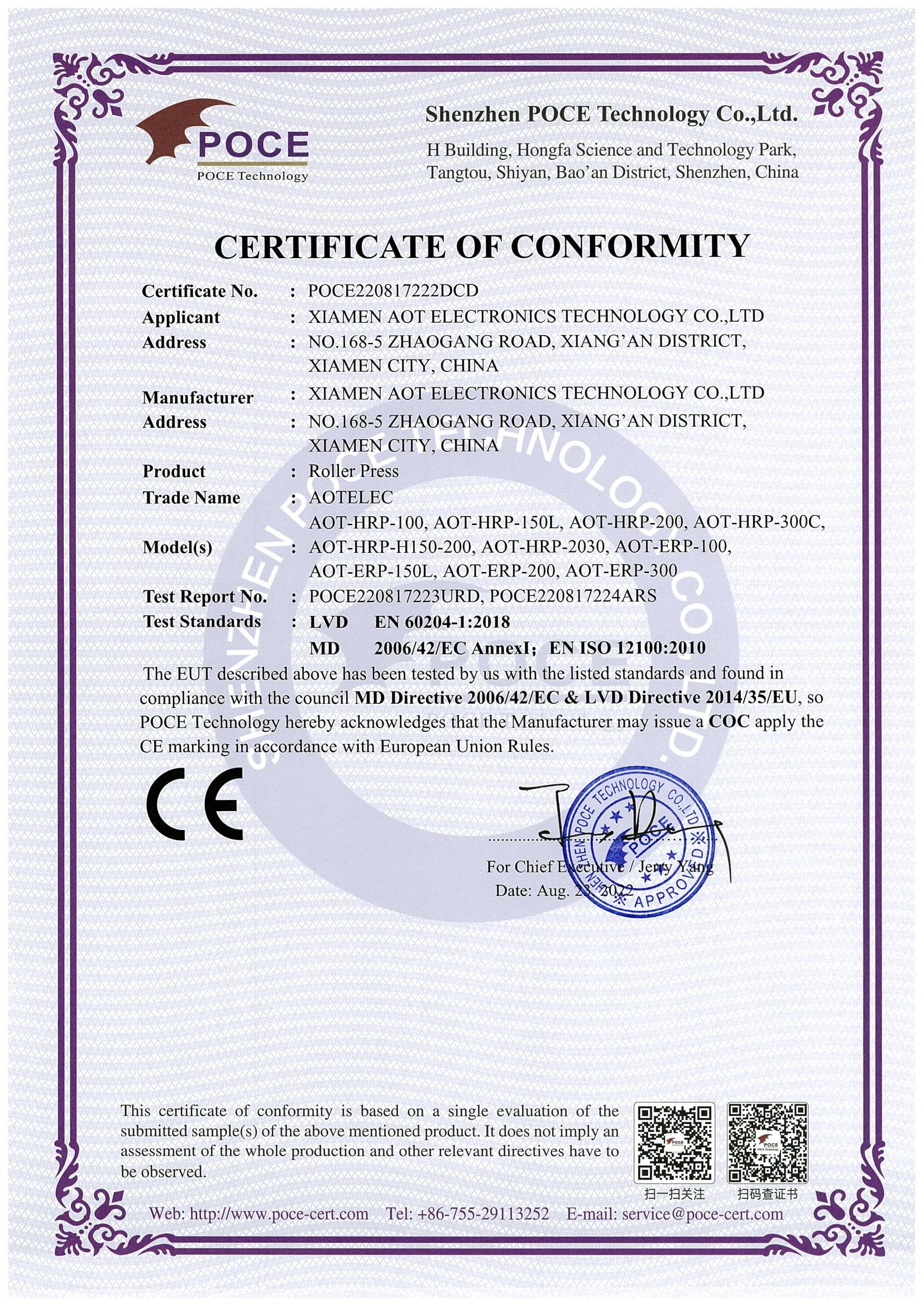 Certificate CE pentru presa cu role