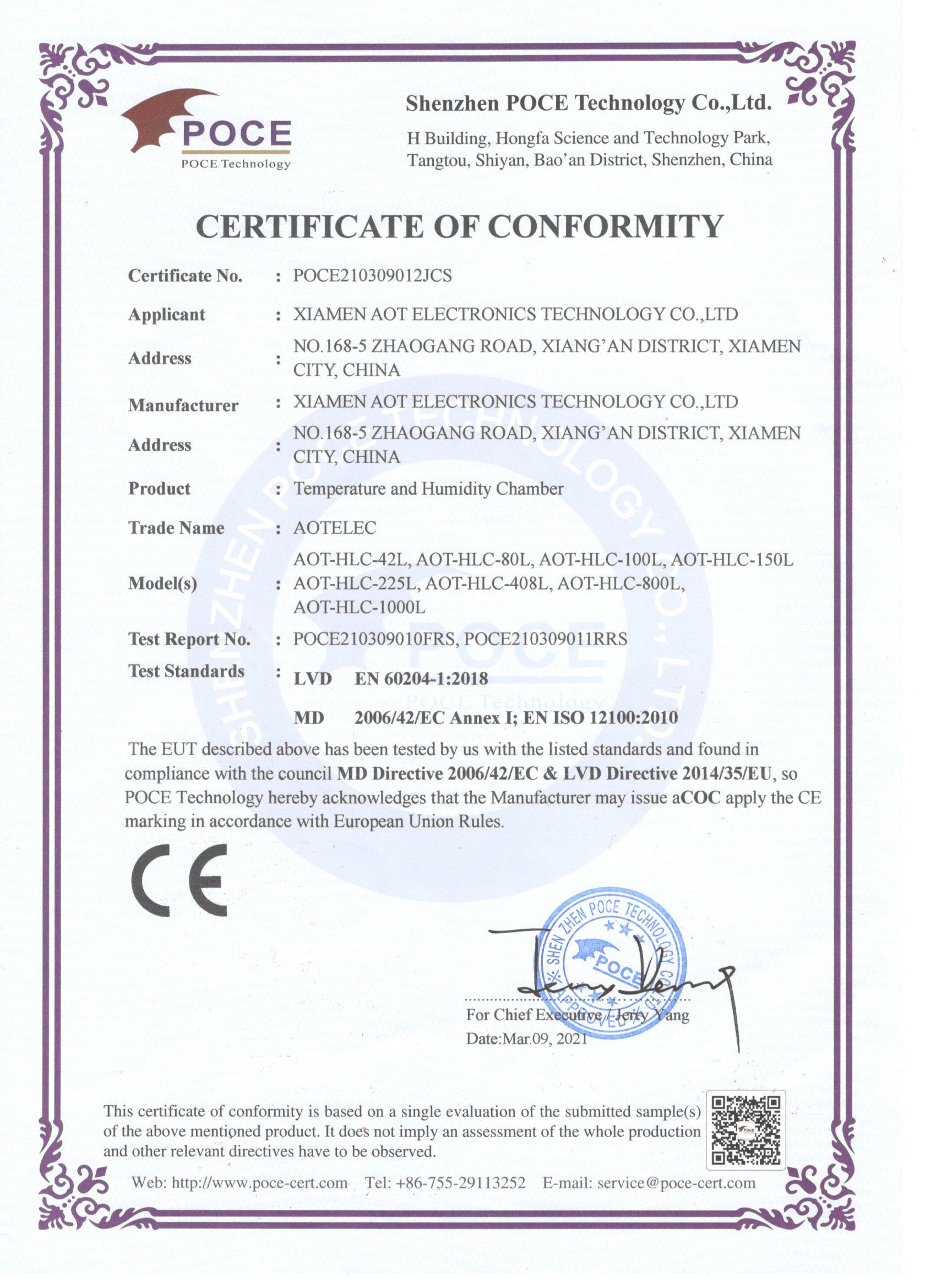 Certificate CE pentru camera de temperatură și umiditate