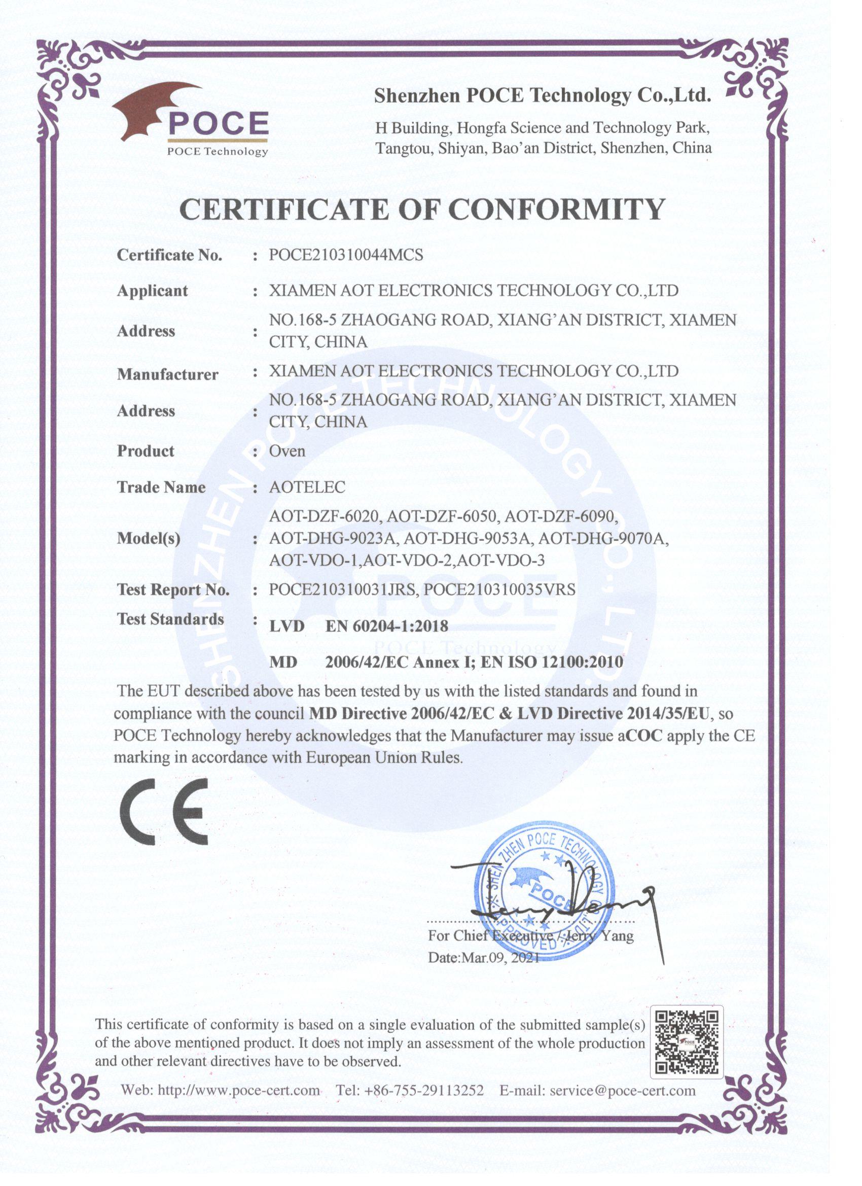 Certificate CE pentru cuptor