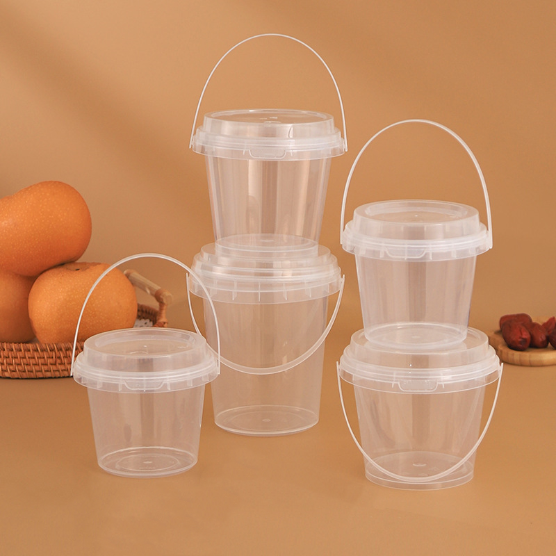 Disposable big capacity PP fruit tea plastic bucket with handle