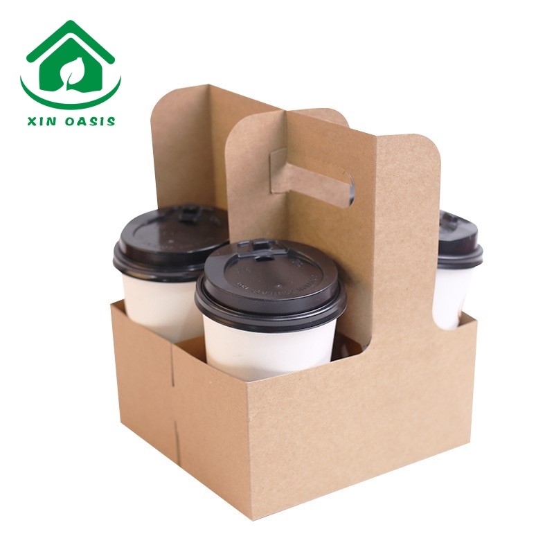 Custom kraft coffee paper cup holder with handle carrier