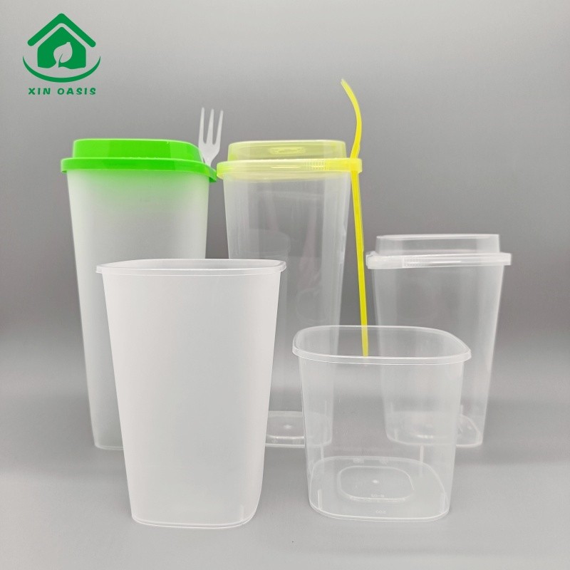 92mm caliber square milktea hard PP cup with lid and fork