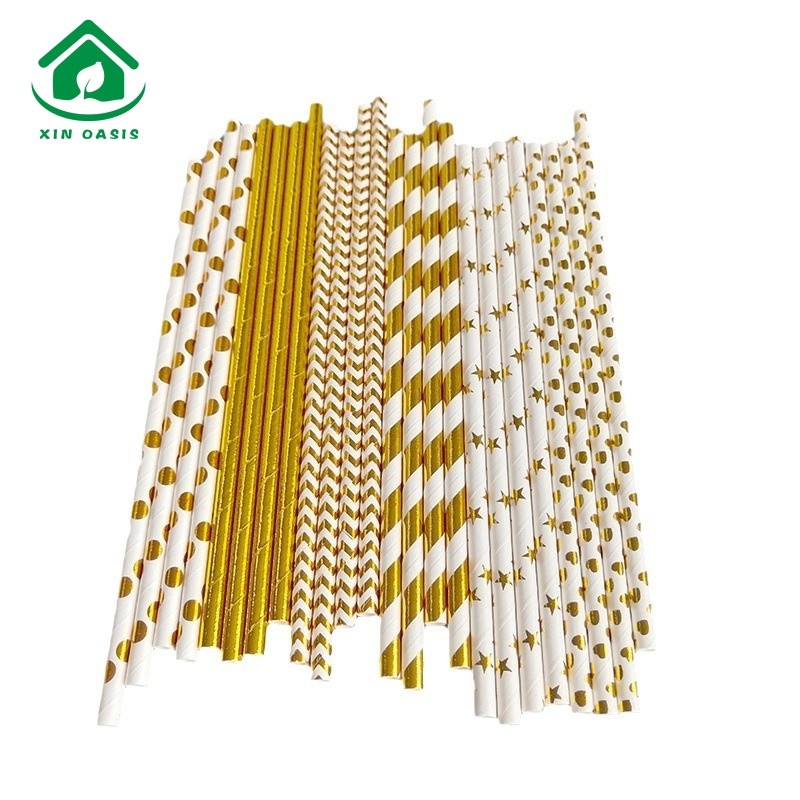 Disposable paper straw bronzed geometric stripe pattern