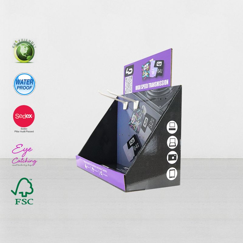 Персонализиран картонен плот за продажба на дребно PDQ с висящи електронни куки