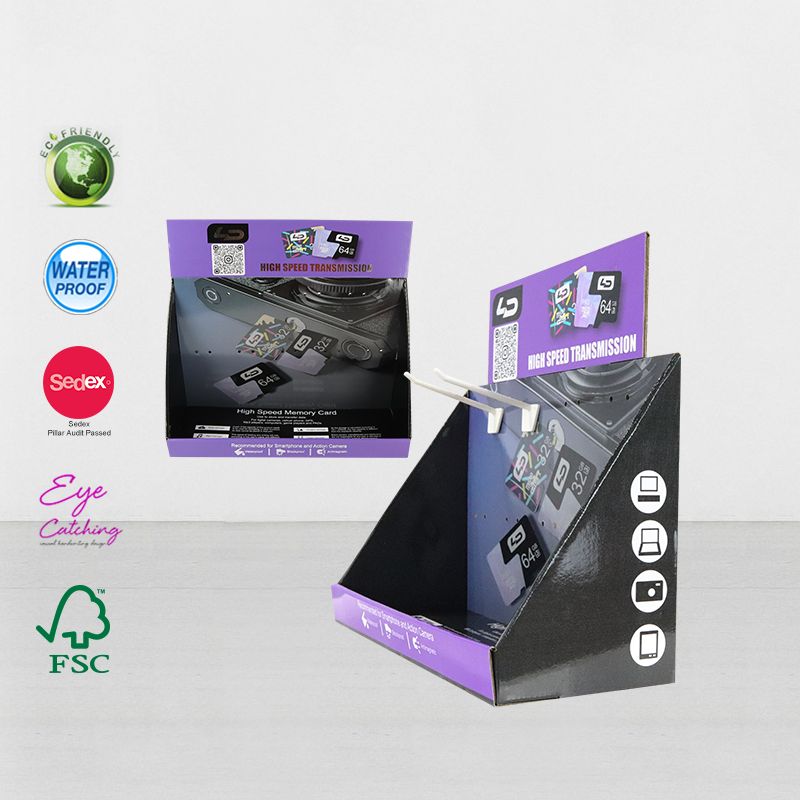 Персонализиран картонен плот за продажба на дребно PDQ с висящи електронни куки