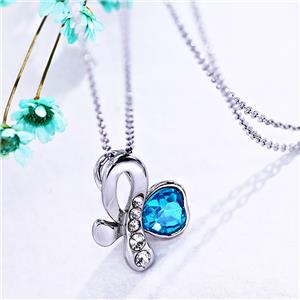 Silver Crystal Clover Pendant Rope Chain Necklace