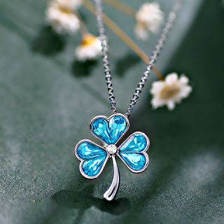 Silver Crystal Clover Pendant Rope Chain Necklace