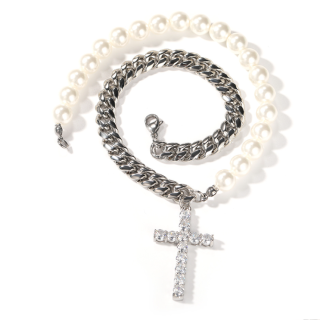 Колие с висулка от сребърен кръст и кубинска връзка