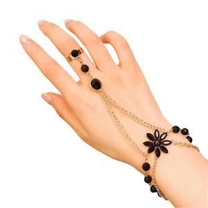 Гривна с пръстен с цветя и хромирани сърца