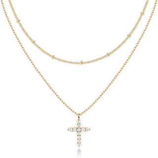 Колие с кръстосана верига от 14k злато с диаманти за жени