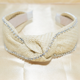 Моден аксесоар за коса със смесен цвят от слама, ръчно изработена персонализирана широка лента за глава с кристален възел