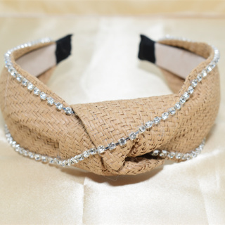 Моден аксесоар за коса със смесен цвят от слама, ръчно изработена персонализирана широка лента за глава с кристален възел