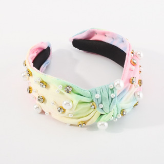 Hot Sell Spring Fashion Fabric Tie-dyed Headbands Studded Rhinestone Luxury Hair accessories Colorful Knotted Hair Band