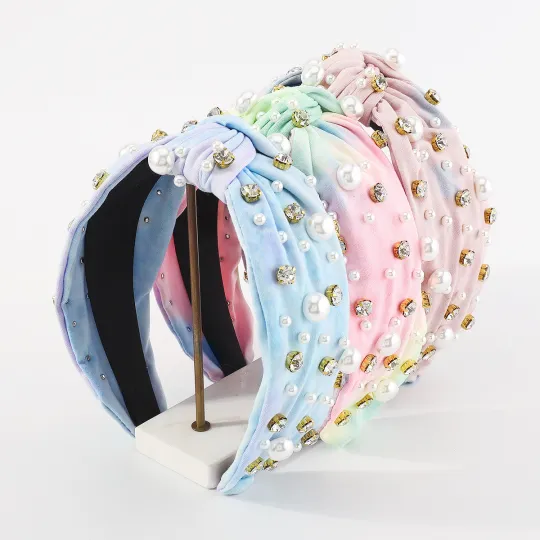 Hot Sell Forår Modestof Tie-dyed pandebånd Besat Rhinestone Luksus hårtilbehør Farverigt knudet hårbånd