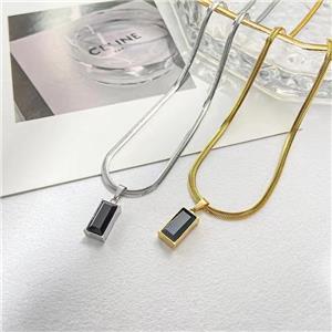 Trendige Schmuck-Halskette mit Zirkonia, Gold, Edelstahl, wasserdicht, flache Schlangenkette, rechteckige Halskette mit Diamant-Anhänger