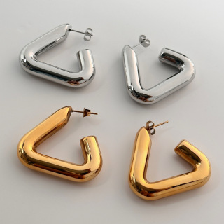 Modischer Glanz, dicke dreieckige Ohrringe, Edelstahl, Gold, Silber, nicht geschlossen, dreieckig, 18 Karat vergoldet