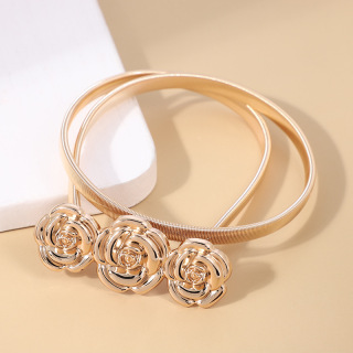 Fashion Lady Gold Skinny Metal Waist Belt Gold Three Flower Buckle Waistband Elastic Metal Chain Belt For Dress