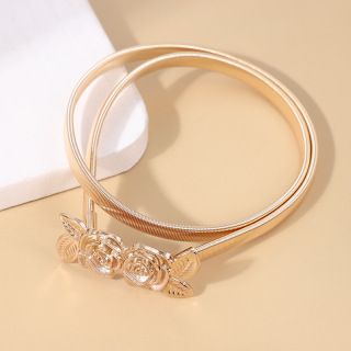 Моден дамски златен кльощав метален колан за талия Златен колан с катарама с три цветя Еластичен колан с метална верига за рокля