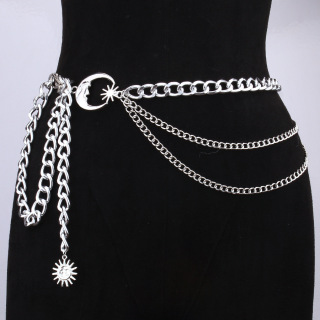 Tali Pinggang Rantai Pinggul Bulan untuk Wanita Rantai Pinggang Logam Vintaj Berbilang Lapisan Perut Rantai Badan Chunky untuk Pakaian