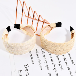 Обръч за коса със сламена тъкан с кръстосани възли Дамска широка лента за глава Сладка мека най-фина лента за коса Нов дизайн Летен плаж