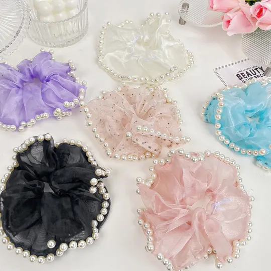 2024 ny ankomst trendy kvinder tilbehør knasende hårslips yndefuld high-end perle organza hår scrunchie til piger