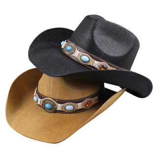 قبعة صيفية للرجال والنساء بحافة كبيرة جديدة من القش، قبعات الجاز العرقية، قبعة رعاة البقر الغربية