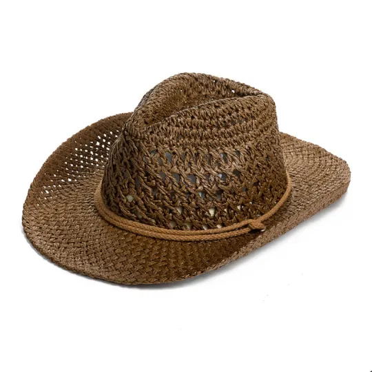 Engros håndvævet hæklet snorepapir Cowboy stråhat Brugerdefineret logoreb, vævning hule åndbare kasketter til kvinder
