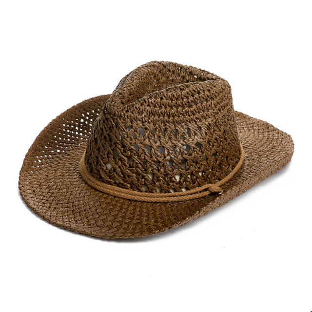 Wholesale Hand Woven Crocheted String Paper Cowboy Straw Hat Custom Logo Rope Weave Hollow Out Breathable Caps For Women