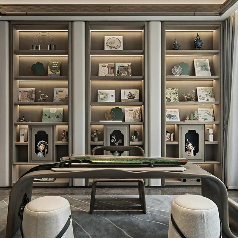 Traditional Chinese Tea Room With Book Shelves