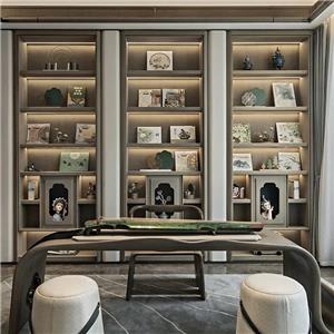 Salón de té tradicional chino con estanterías de libros