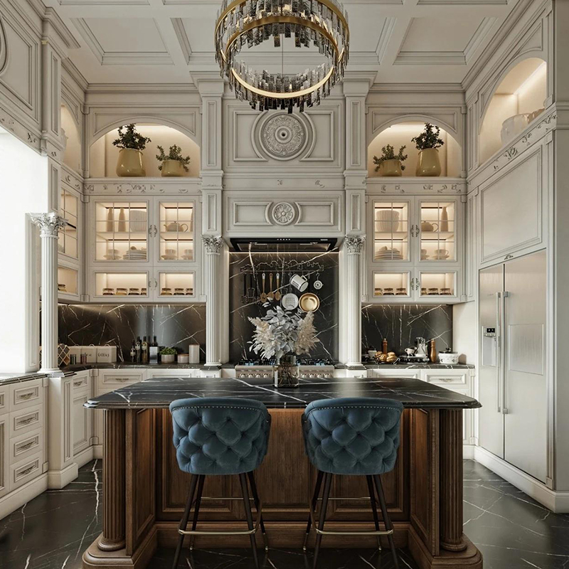 ¿Cuál es la distribución de los gabinetes de cocina de estilo rústico?