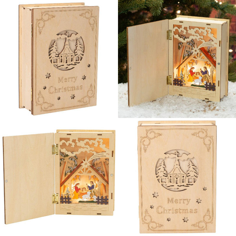 Wooden Christmas Box Gifts With Lights Custom Wooden Box Hot Selling Christmas Decoration