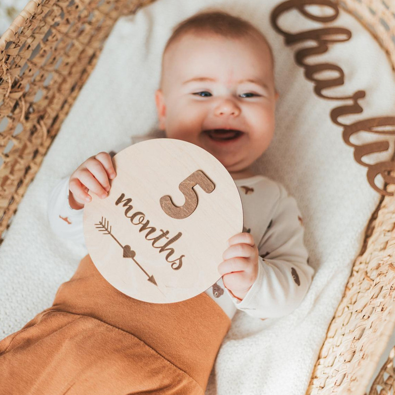 Newborn Birth Announcement Card Building Blocks Wooden Baby Milestones