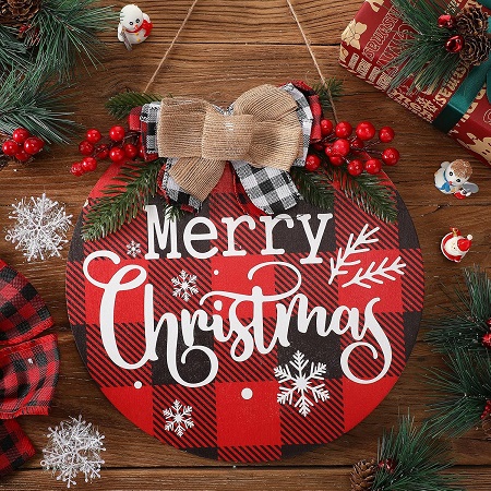 Sign Christmas Wall Decor Rustic Wooden Plaid Wreath Christmas Decor Wood Round Yard