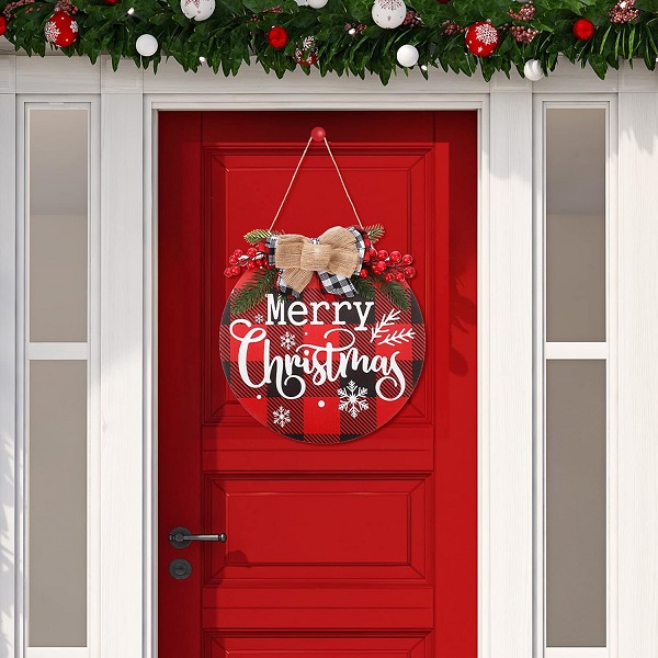 Sign Christmas Wall Decor Rustic Wooden Plaid Wreath Christmas Decor Wood Round Yard
