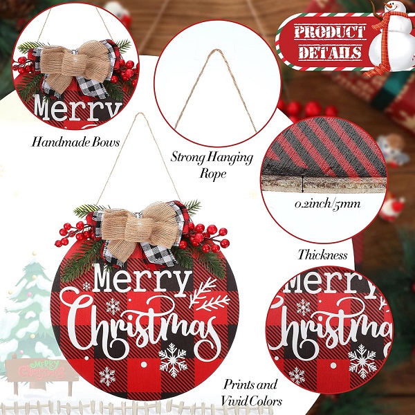 Sign Christmas Wall Decor Rustic Wooden Plaid Wreath Christmas Decor Wood Round Yard