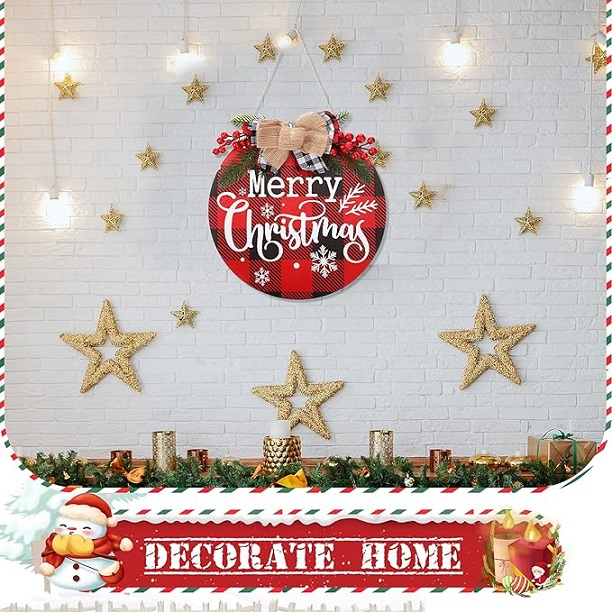 Sign Christmas Wall Decor Rustic Wooden Plaid Wreath Christmas Decor Wood Round Yard