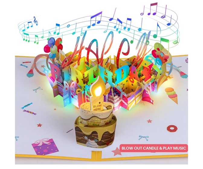 3D Musical Birthday Popup Card, Blowable Out LED Light with Candle