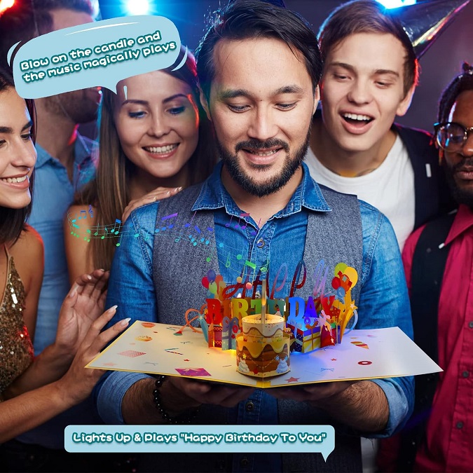 3D Musical Birthday Popup Card, Blowable Out LED Light with Candle