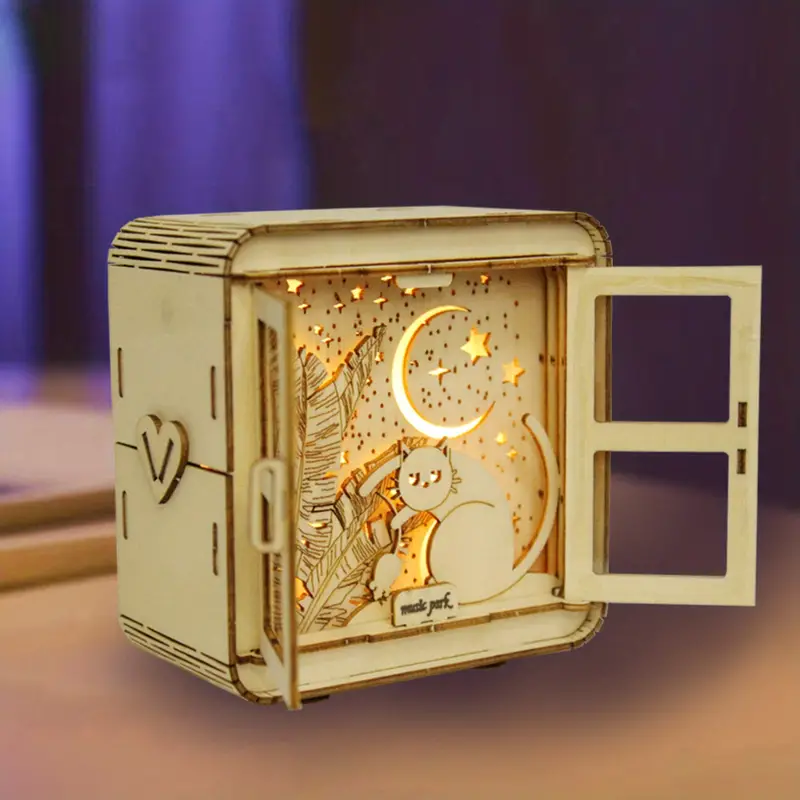 3D Wooden Puzzles Castle Music Box With Night Light, DIY Crafts Model Kits, Birthday Christmas Gifts