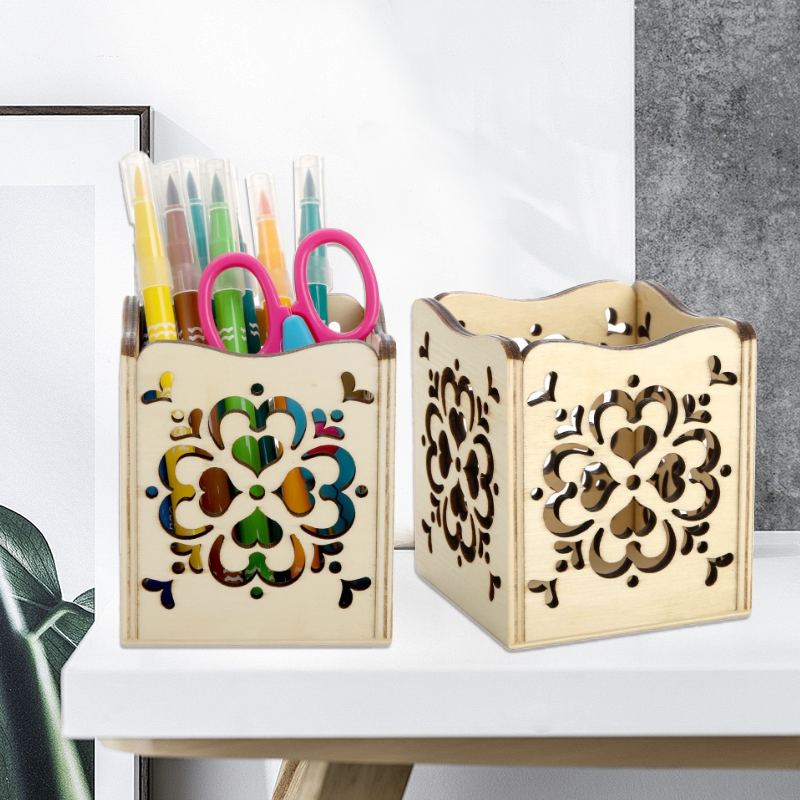 Wooden Desk Organizer Art Supplies & White Pencil Cup for Office