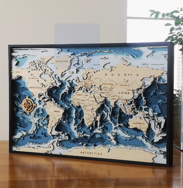 World map 3d wood stereo embossed art blue ocean living room wall hanging creative gift gift