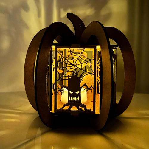 Handcrafted Halloween Lanterns: Custom Wooden Pumpkin Light Decor for Spooky Parties