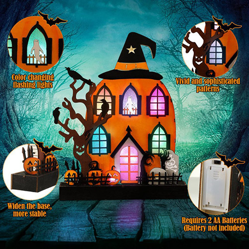 Custom Halloween Decorative Pumpkin Light: Wooden Haunted House Night Light