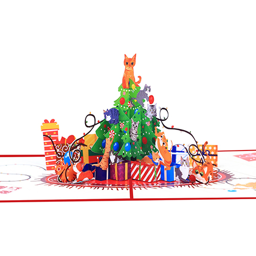 B2B Wholesale 3D Christmas Pop-Up Card - Factory-Direct Cat & Christmas Tree Paper Carving Greeting Card